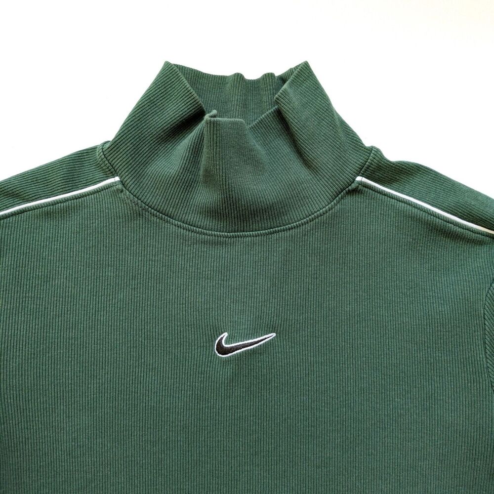 Nike Women's Small Ribbed Mock Neck Top Green Long Sleeve White Piping Cotton - Picture 3 of 10